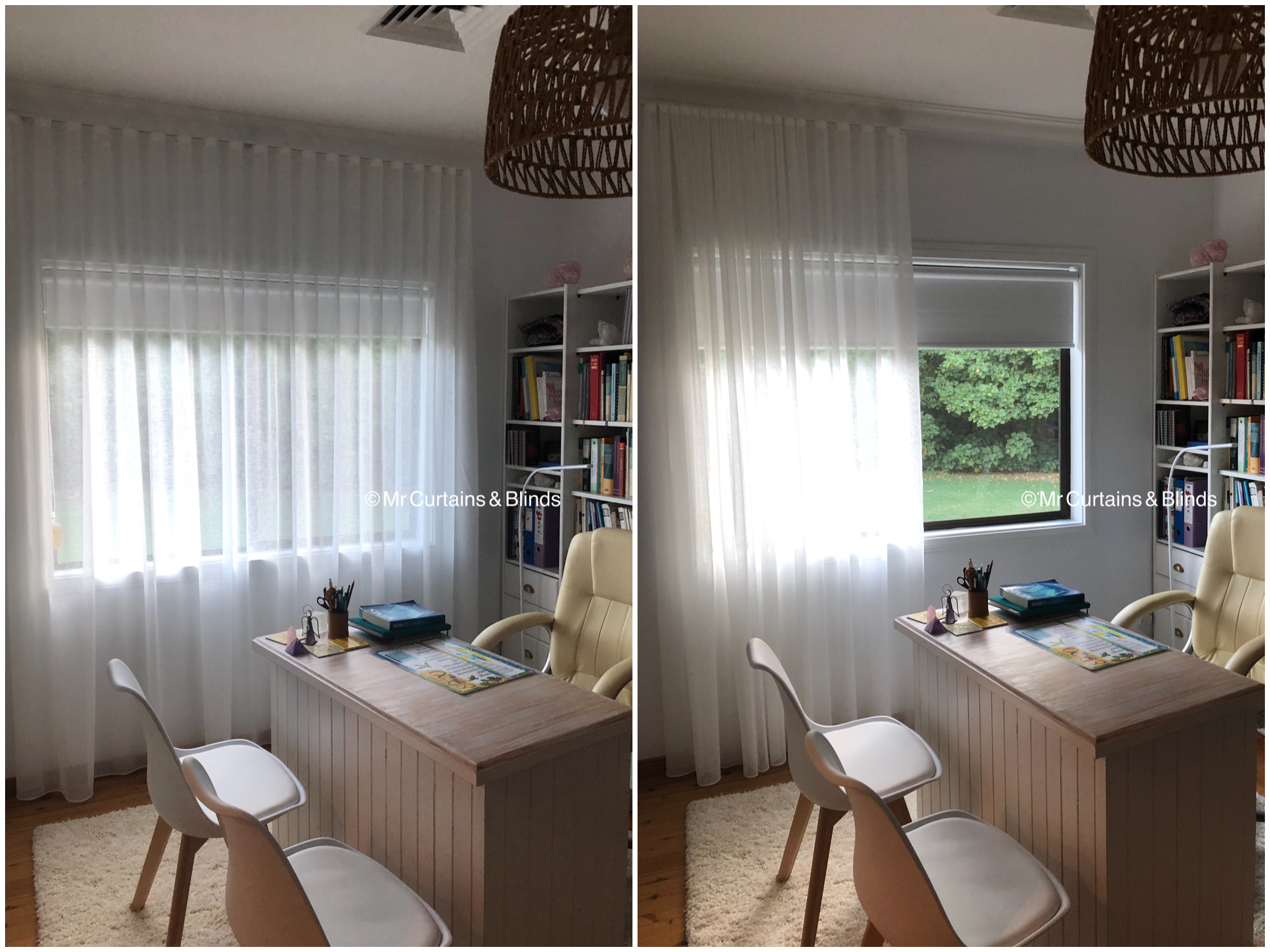 Sfold sheer Curtains with Blockout Roller Blinds by Mr Curtains and blinds Central Coast